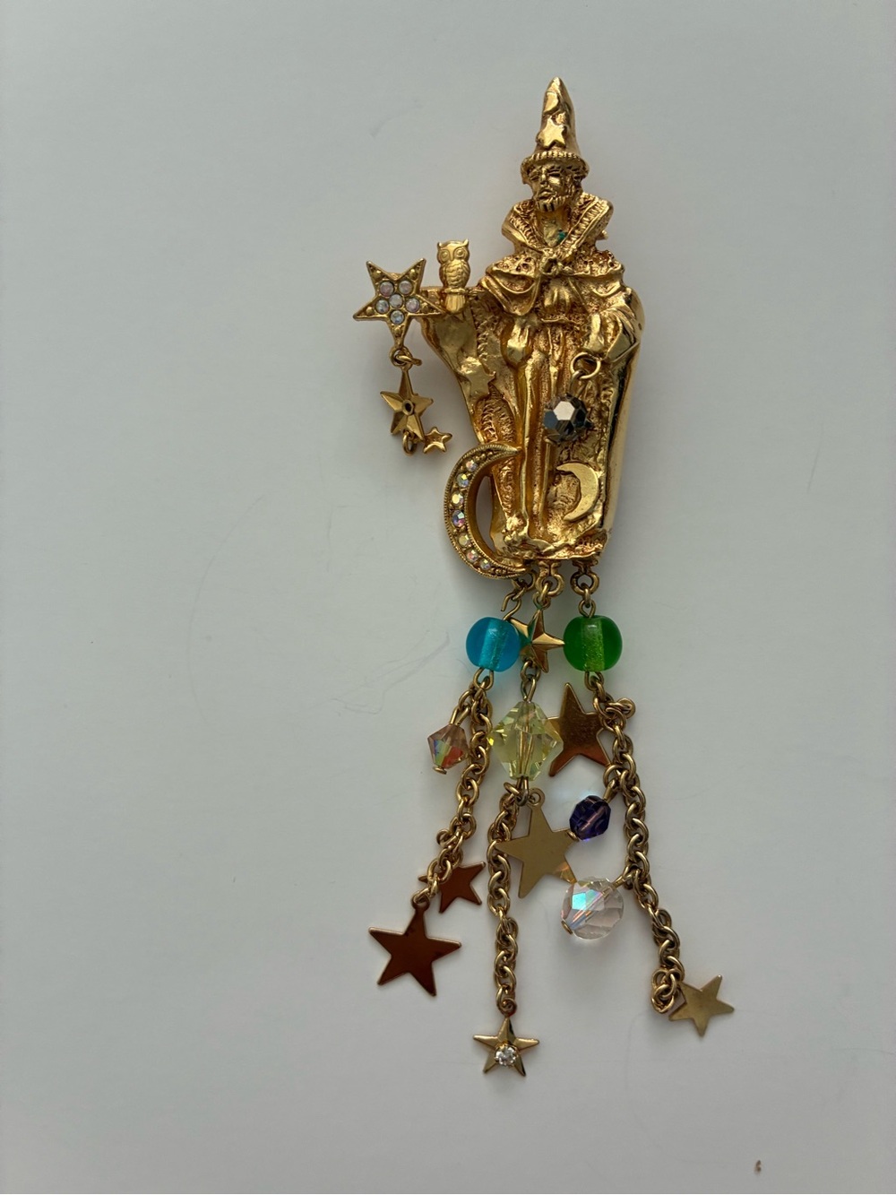 Gold Wizard Star Dangle Brooch with Blue & Green Accents